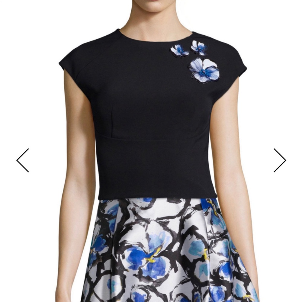 Sachin & Babi Noir Cap-Sleeve Top with Floral Appl